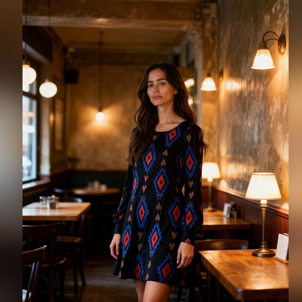 Compania Fantastica Black Geometric Long Sleeve Dress Large